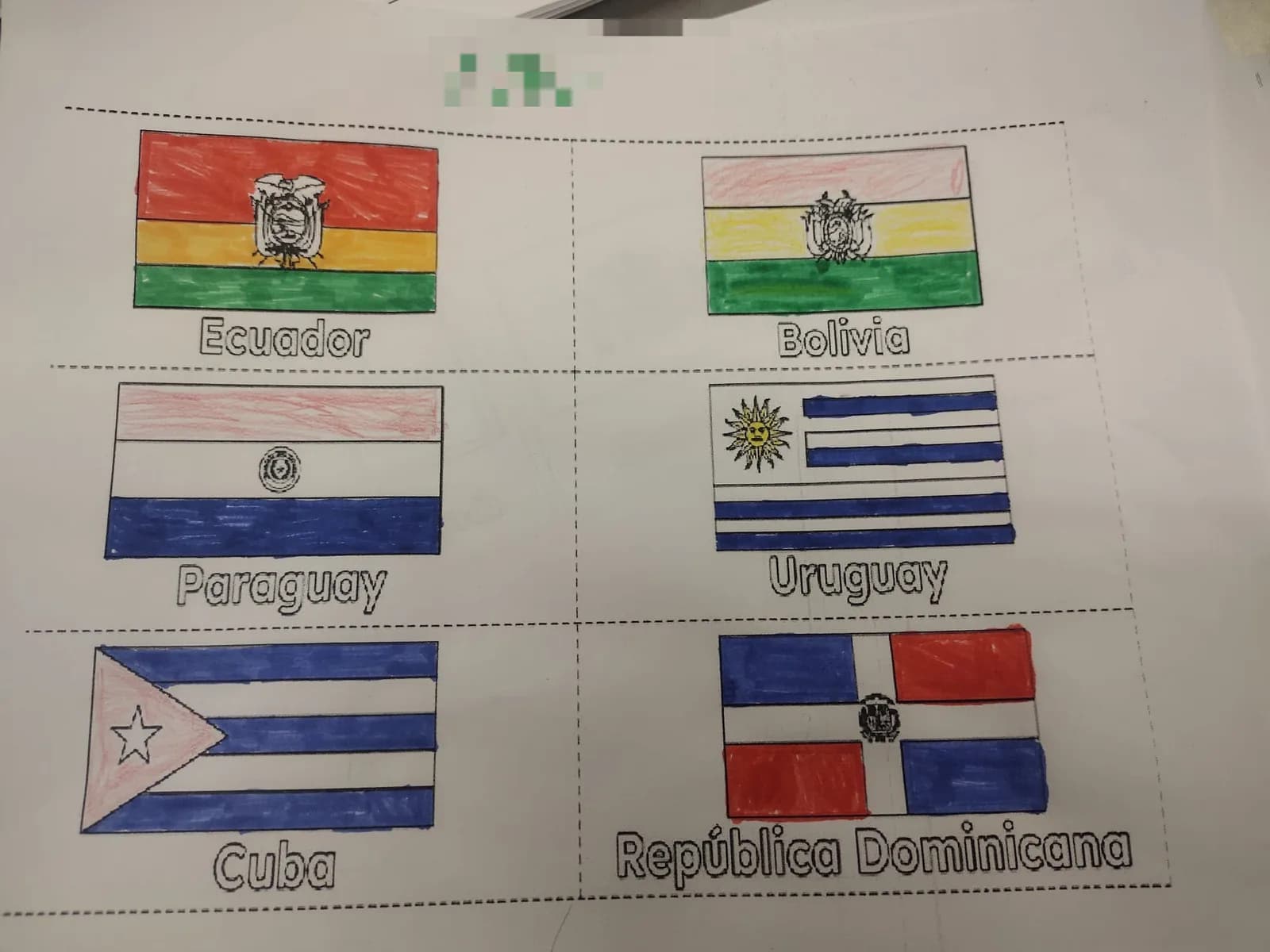 A completed worksheet with the flags of Ecuador, Bolivia, Paraguay, Uruguay, Cuba and the Dominican Republic