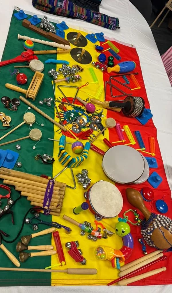 Percussion instruments, recorders and panpipes laid out across a Bolivian flag on a table
