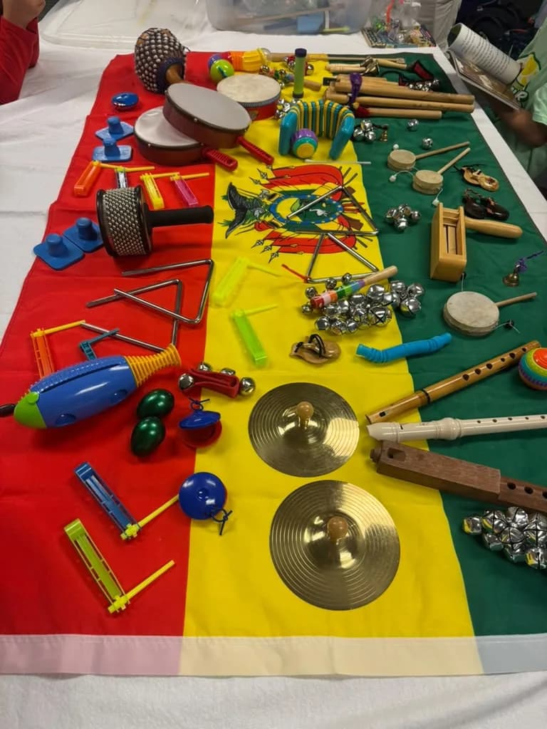Close view of tambourines, cymbals, maracas, triangles and bells arranged on a red, yellow and green flag