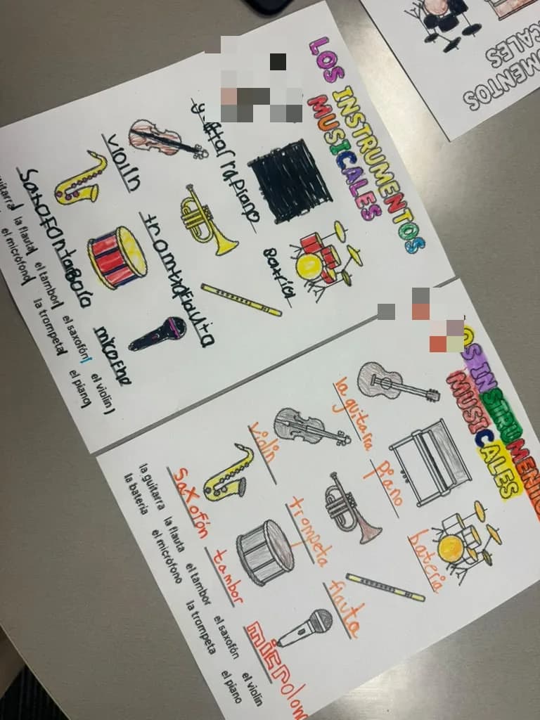 Two completed instrument worksheets side by side, each coloured in a different style