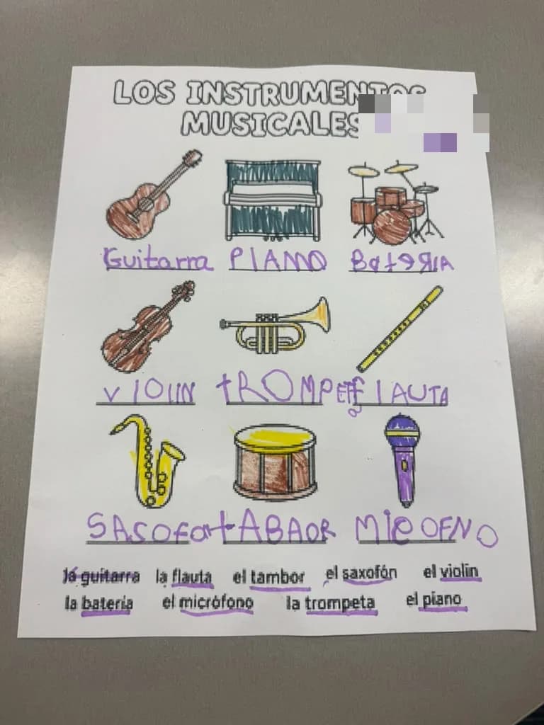 A finished worksheet with drawings of a guitar, piano, drums, violin, trumpet, flute, saxophone and microphone labelled in Spanish