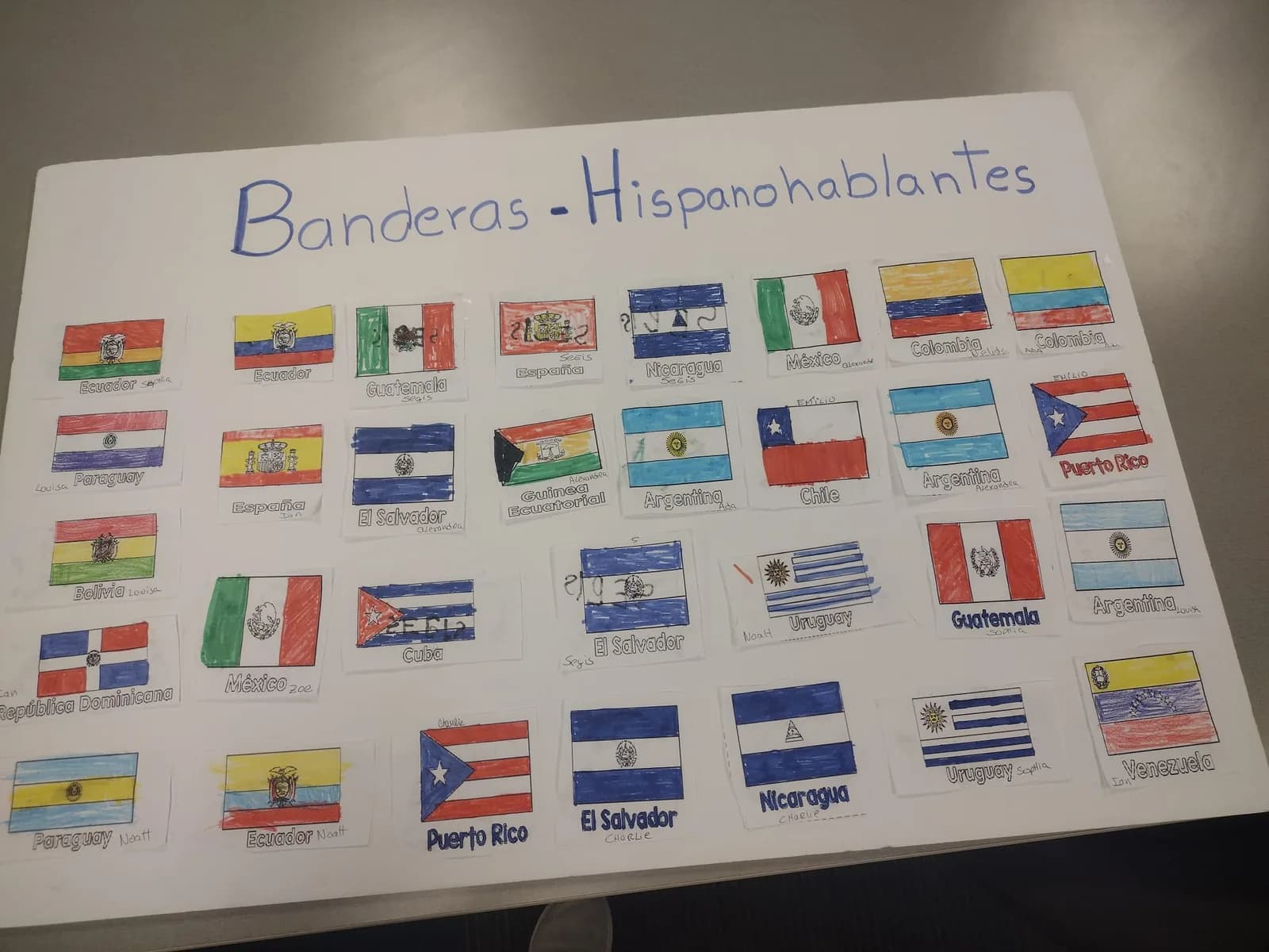 Close view of a classroom poster titled Banderas Hispanohablantes, covered with hand-coloured flags
